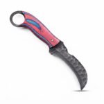 Red Blue Handle Karambit Knife with black curved claw blade, textured metallic finish, red-and-blue handle, gold-colored pins and circular finger ring
