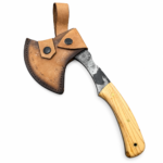 Bearded Viking Axe with curved silver-gray textured head, light wood-grain handle and decorative tan-and-brown embossed sheath