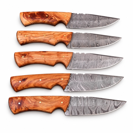 Damascus-style fixed blade hunting knife with patterned silver-grey blade and warm brown contoured wooden-look handle