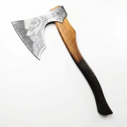 Engraved Viking Axe featuring a silver curved axe head with dark geometric Nordic-style markings and a long golden-brown wooden handle with black lower finish