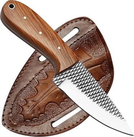 Close-up of Wooden Handle Fixed Blade Knife showing black geometric crosshatch detailing on polished silver blade
