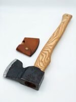 Long Handle Camping Axe with natural wood-grain handle, black wrapped grip, dark axe head and brown protective sheath