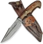 Finger groove handle knife with a brown grain-look grip, decorative pin, lined lanyard hole, and Damascus-style blade with a long groove