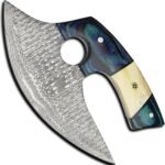 Close-up of Damascus Ulu Knife showing intricate silver-grey wave patterns and distinctive crescent-shaped blade