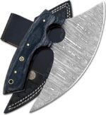 Black Handle Damascus Ulu Knife with crescent patterned blade, two circular openings and black stitched sheath