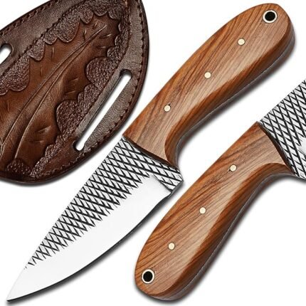 Brown wood-grain fixed blade knife handle with three silver-colored pins and a metal-lined end opening