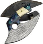 Damascus Ulu Knife with curved patterned blade, blue-green and cream decorative handle, circular finger opening and black sheath