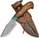 Damascus Pattern Hunting Knife with curved brown wood-grain handle, green spacer and silver swirling-pattern blade