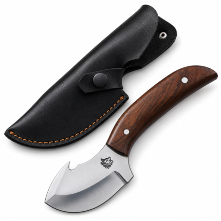 Curved Skinning Knife with polished silver blade, wolf-head engraving, dark brown wooden handle, and black leather-style sheath