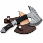 Damascus Pattern Bearded Axe with curved silver-and-black axe head, black cord-wrapped grip, dark wood-look handle, and brown stitched sheath.