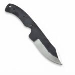 Rustic Black Skinner Knife Blank with mottled dark blade, curved silver cutting bevel, exposed full tang and four visible handle holes