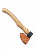 Long Handle Camping Axe with natural wood-grain handle, black wrapped grip, dark axe head and brown protective sheath
