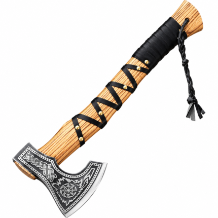 Engraved Norse Viking Axe with silver and black Celtic knotwork head, long wooden handle, black crisscross wrapping and braided tassel