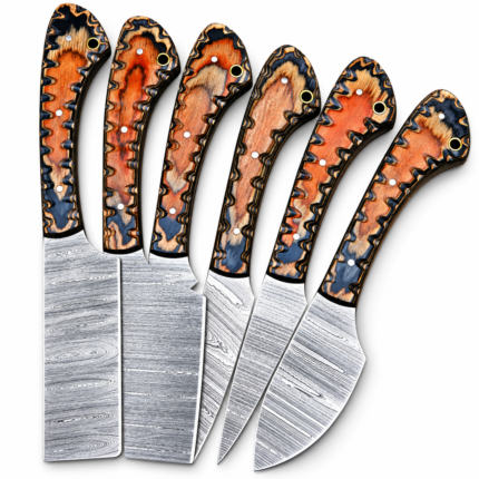 Orange and Black Damascus Pattern Kitchen Knife Set showing six differently shaped silver-gray blades with matching orange wood-grain-style handles and black decorative detailing.