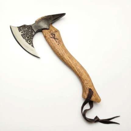 Spiked Viking style axe with a bright crescent blade, circular decoration on a dark head, curved brown grain-look handle, and dark loop.