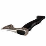 Engraved Viking Bearded Axe with silver-toned curved blade, intricate Nordic warrior design, black decorative engravings, and textured black handle.
