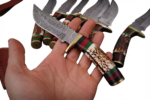 6 Inch Damascus Skinning Knife with patterned steel blade, pakkawood handle, brass pins, and brown leather sheath, showing knife designs and dimensions.