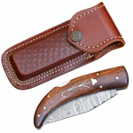 Curved Wood Handle Damascus Hunting Knife with patterned silver-gray pointed blade, upward-curving reddish-brown handle, decorative inlay