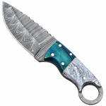 Turquoise Ring Handle Damascus Knife with curved silver-gray patterned blade, scalloped spine, turquoise and gray marbled grip, pictured beside a black stitched sheath.