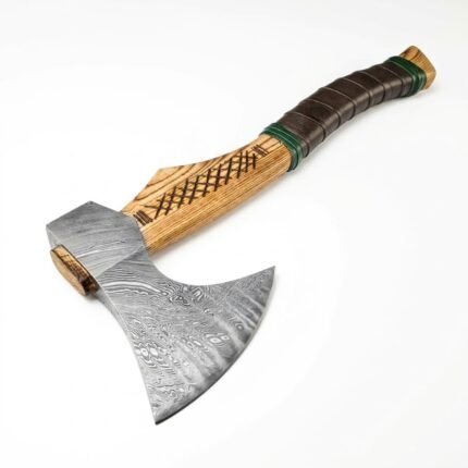 Wrapped handle Viking axe with a gray patterned head, crosshatched brown grain-look shaft, and dark brown grip bordered by green bands.
