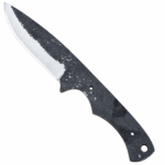 Textured full tang knife blank with a dark surface, bright silver bevel, two small tang holes, and a larger rear opening