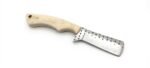 Ivory handle mini cleaver knife with patterned silver blade, three gold-colored pins and curved grip