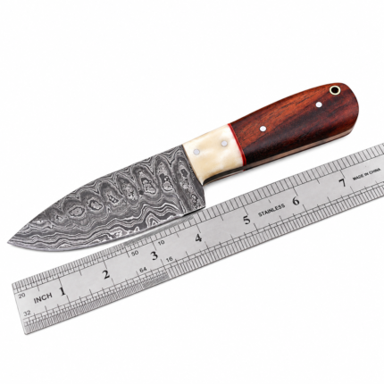 Two Tone Damascus Hunting Knife with a silver-and-charcoal patterned blade, dark brown wood-look handle, cream-colored front section and red divider