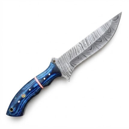 Blue grain handle knife with a broad gray patterned blade, copper-tone divider, four silver-tone pins, a mosaic-style pin, and a rear lanyard opening.