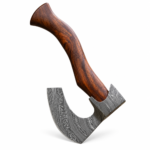 Curved Handle Damascus Axe with a broad black-and-silver patterned bearded head, deep curved blade cutout and flared reddish-brown wood-look handle.