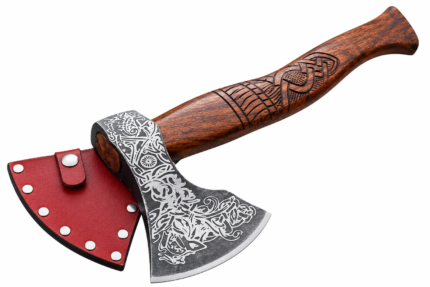 Viking Engraved Axe with silver-patterned dark metal head, long carved brown wood-grain handle and red protective sheath
