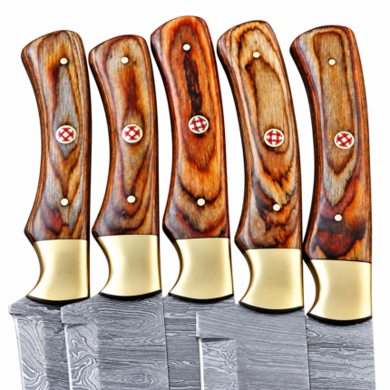 5-Piece Damascus Pattern Kitchen Knife Set showing five assorted silver-gray wave-patterned blades with brown wood-grain handles, gold-tone bolsters and circular decorative fittings