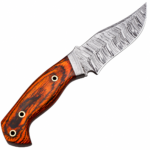 Damascus Hunting Knife with patterned upswept blade, bright orange-and-black wood-grain handle and three gold-tone circular fittings.