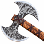 Double bit Viking axe with two crescent-shaped blades, dark rustic metal finish, silver edges, long brown wood-grain handle, and decorative wrapping.