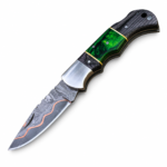 Green Resin Look Damascus Hunting Knife with silver-gray patterned blade, copper-colored wave accent, green-and-black marbled handle and silver bolster.