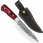 Hand Forged Chef Knife with silver hammered-finish blade, red and black patterned handle, polished metal bolster, and stitched black sheath.