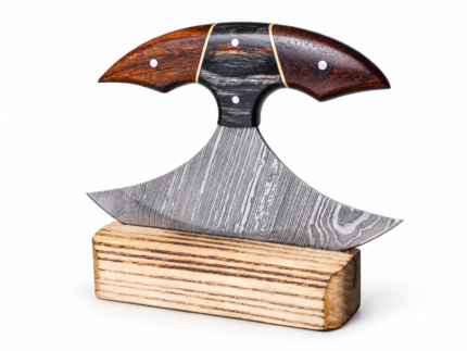 Horizontal view of Crescent Damascus Steel Axe showing wide curved blade and elegant brown and black handle