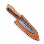 Wood Handle Fixed Blade Hunting Knife with silver drop-point blade, dark scalloped spine, light brown three-pin handle and tan stitched sheath.