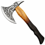Engraved Viking Bearded Axe with silver Celtic knot patterns, curved blade, pointed rear spike and long golden-brown to black wood-grain handle