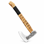 Engraved Celtic Viking Axe with silver curved blade, intricate Celtic knotwork, carved golden-brown wooden handle, and black-wrapped grip.