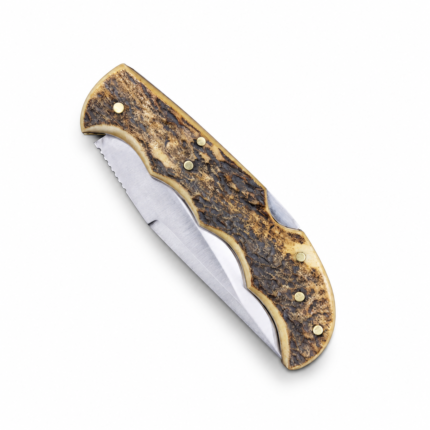 Stag-style handle knife with polished silver-colored curved blade, textured brown-and-cream grip, six gold-colored pins, and contoured handle