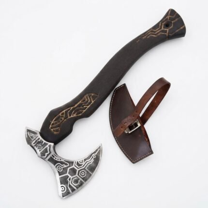 Viking Axe with Engraved Head featuring a curved black handle with brown-gold patterns, silver-gray geometric axe head and brown leather-style blade cover.
