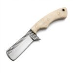 Ivory handle mini cleaver knife with patterned silver blade, three gold-colored pins and curved grip