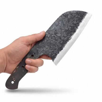 Forged Look Cleaver Blade Blank held in a hand, showing a dark textured broad curved blade, bright silver-colored cutting bevel and three-hole metal tang.