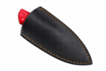 Black Coated EDC Knife with matte-black fixed blade, glossy red marbled handle, brass-colored pins, and black-gloved hand.