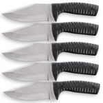 Five identical black textured handle fixed-blade hunting knives displayed horizontally showing silver blades and dark grips