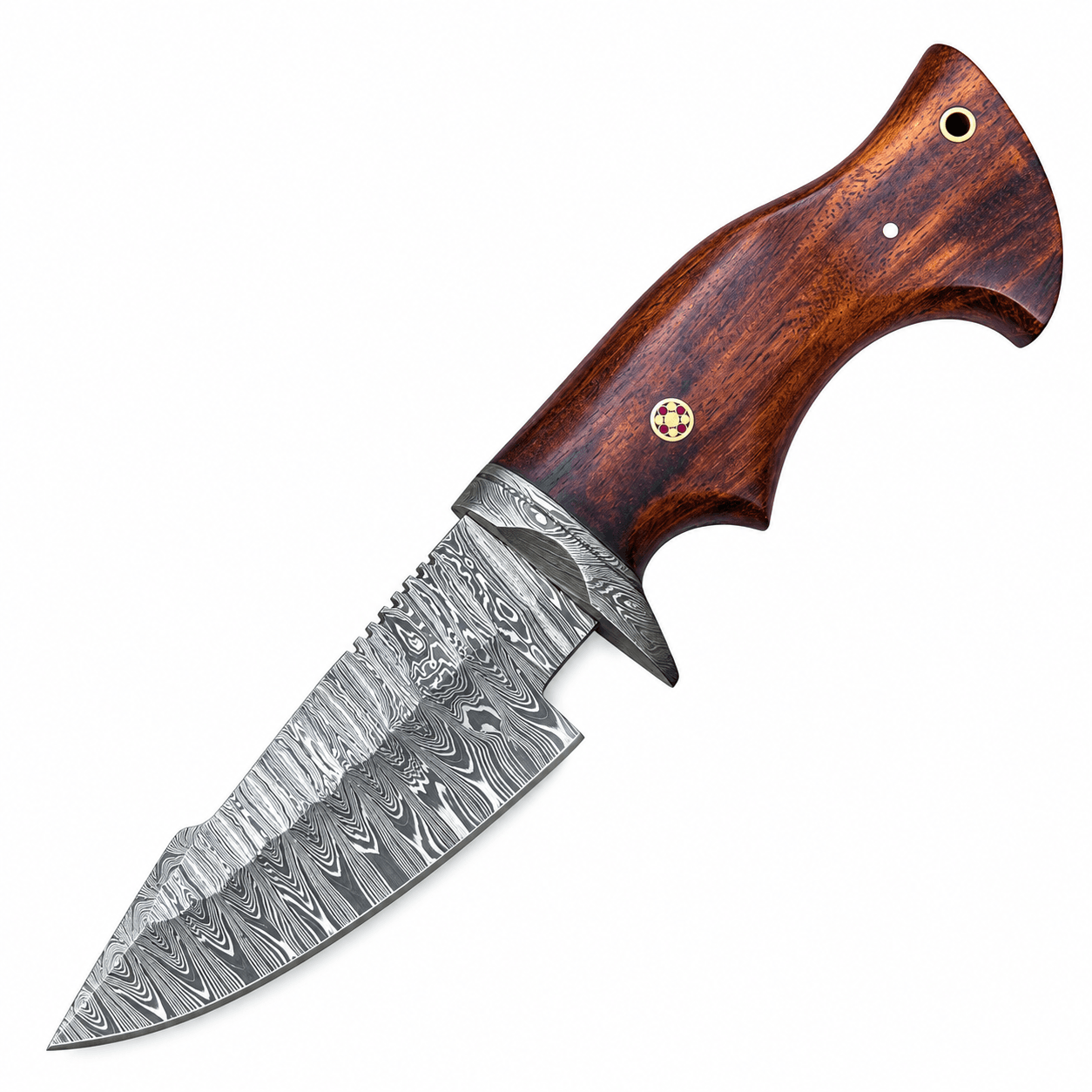 ChatGPT Image Oct 10, 2026, 03_29_47 AM-2 Damascus Bowie Hunting Knife with a patterned clip-point blade, decorative metal guard, and reddish-brown contoured wood-grain handle with mosaic pin.
