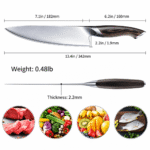 Kitchen Knife with dark textured and polished silver chef blade, two-tone brown and black wood-grain handle, and labeled blade and handle measurements.