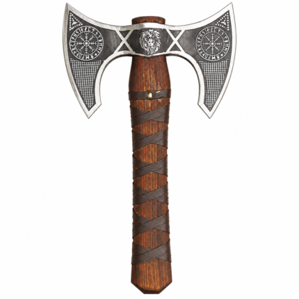 Front view of Viking double headed battle axe with symmetrical engraved blades and lion emblem