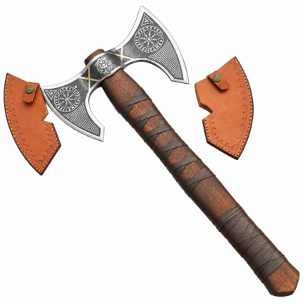 Viking double headed axe with Norse symbols, leather wrapped wooden handle and two tan blade covers