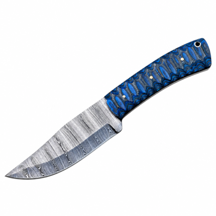 Side view of blue Damascus hunting knife featuring curved blade and blue black handle